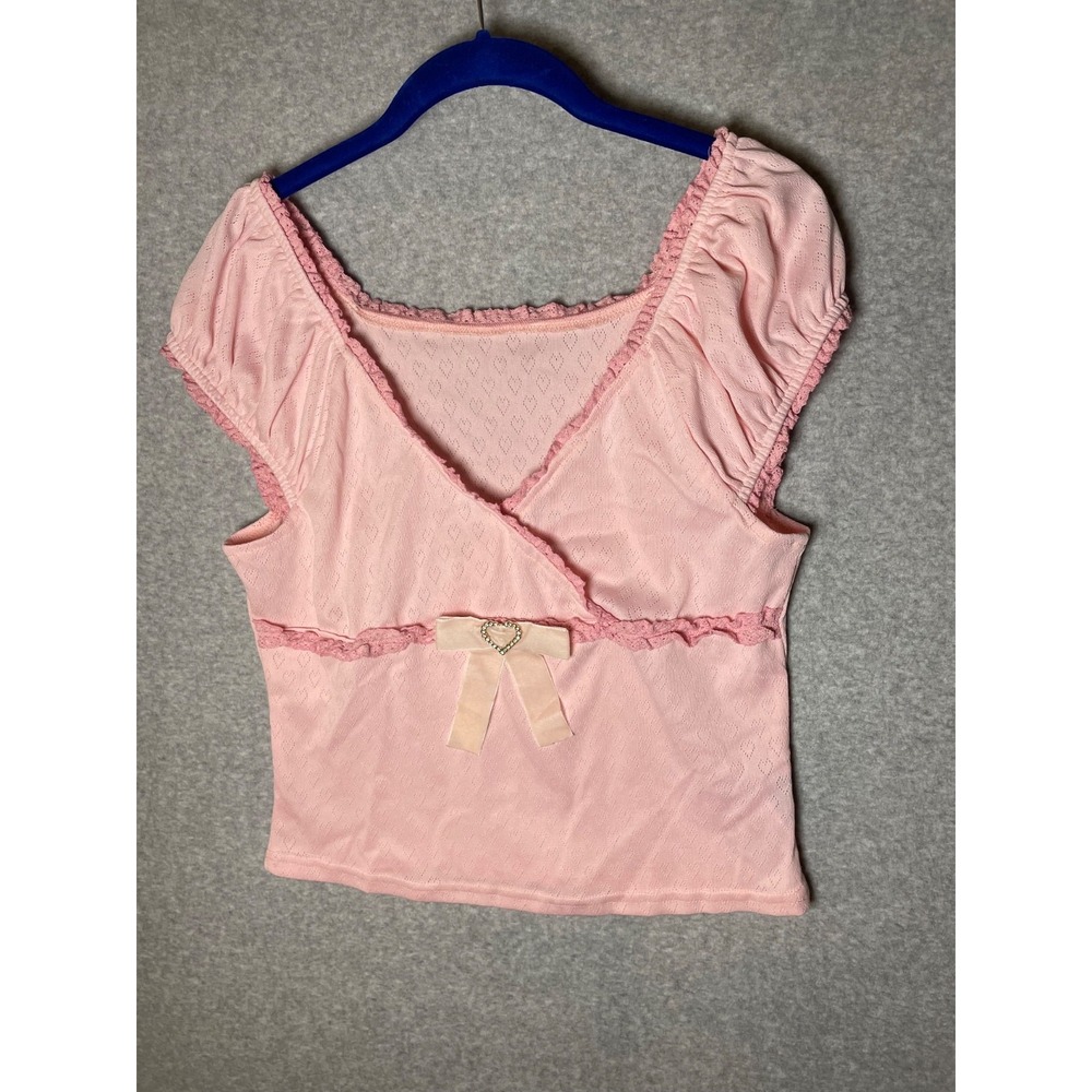 ROMWE Babydoll Top Large Coquette Princess Bow Kawaii Y2K‎ Lace Trim Puff Sleeve